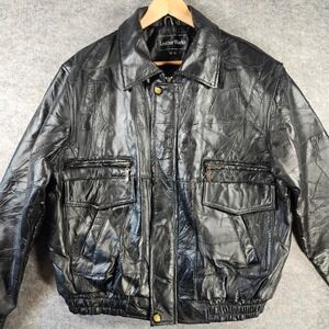 Leather Works Men Black Genuine Patchwork Leather Bomber Jacket Large Motorcycle